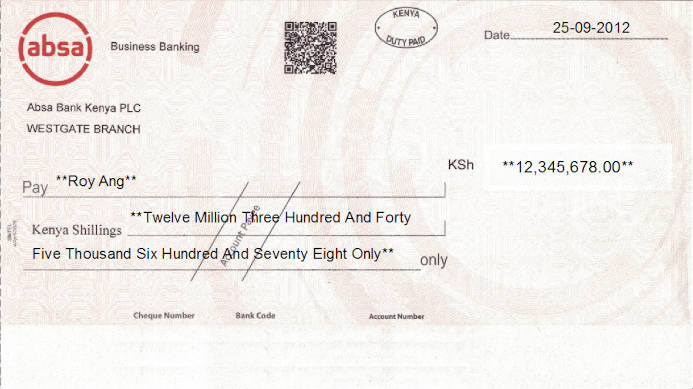Printed Cheque of Absa Bank (Business Banking) in Kenya