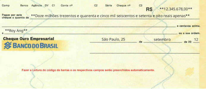 Printed Cheque of Banco do Brasil in Brazil Printed Cheque of Banco do Brasil in Brazil