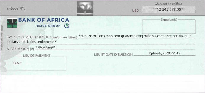 Printed Cheque of Bank of Africa (USD) in Djibouti Printed Cheque of Bank of Africa (USD) in Djibouti