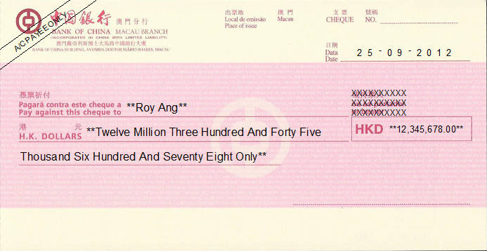 Printed Cheque of Bank of China (HKD) in Macau