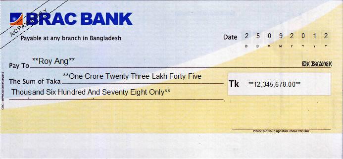 Printed Cheque of Brac Bank in Bangladesh