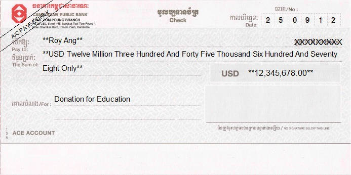 Printed Cheque of Cambodian Public Bank (USD)