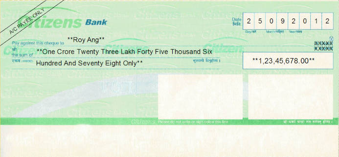 Printed Cheque of Citizens Bank in Nepal