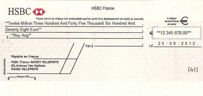 Printed Cheque of HSBC Bank in France