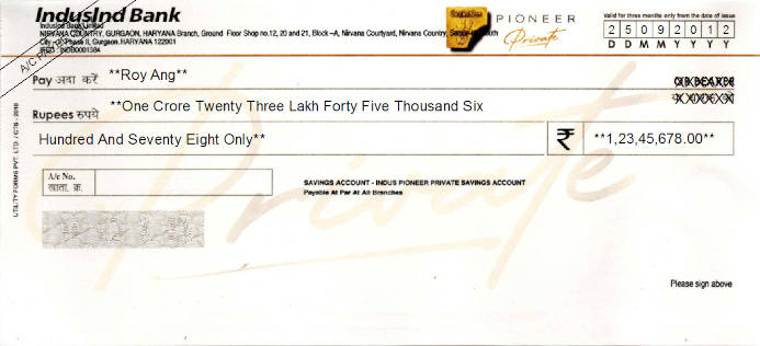 Printed Cheque of IndusInd Bank (Pioneer Private) India