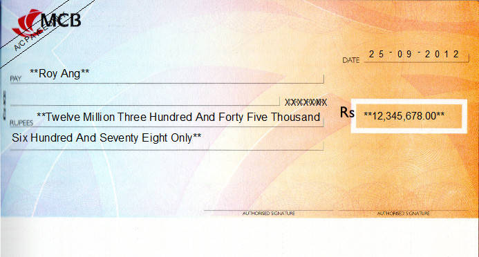 Printed Cheque of Mauritius Commercial Bank (MCB) in Mauritius