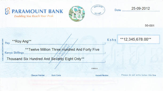 Printed Cheque of Paramount Bank in Kenya