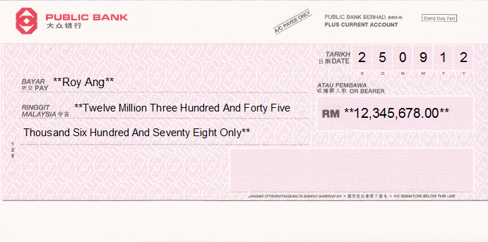 Printed Cheque of Public Bank in Malaysia