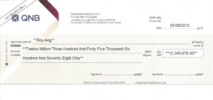 Printed Cheque of Qatar National Bank (QNB)
