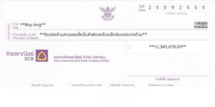 Free Online Cheque Writer for Siam Commercial Bank - SCB in Thailand