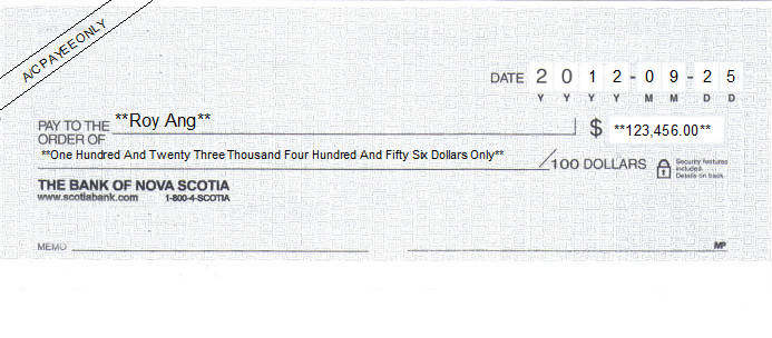 Printed Cheque of The Bank of Nova Scotia (Stonework) in Canada