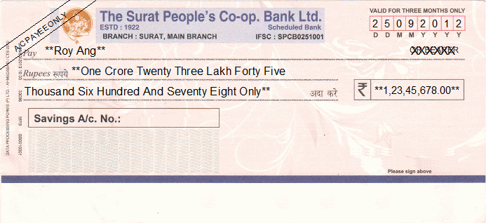 Printed Cheque of The Surat People's Co-op. Bank India